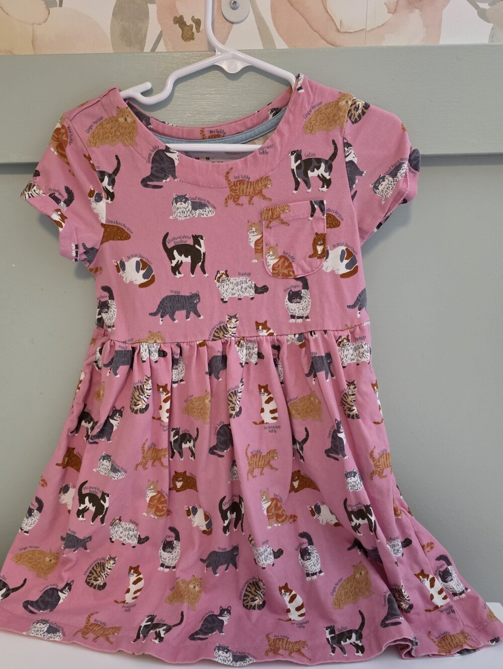 Mini Boden 4-5 Pink Short Sleeve Cat Print Dress 4t 5t
